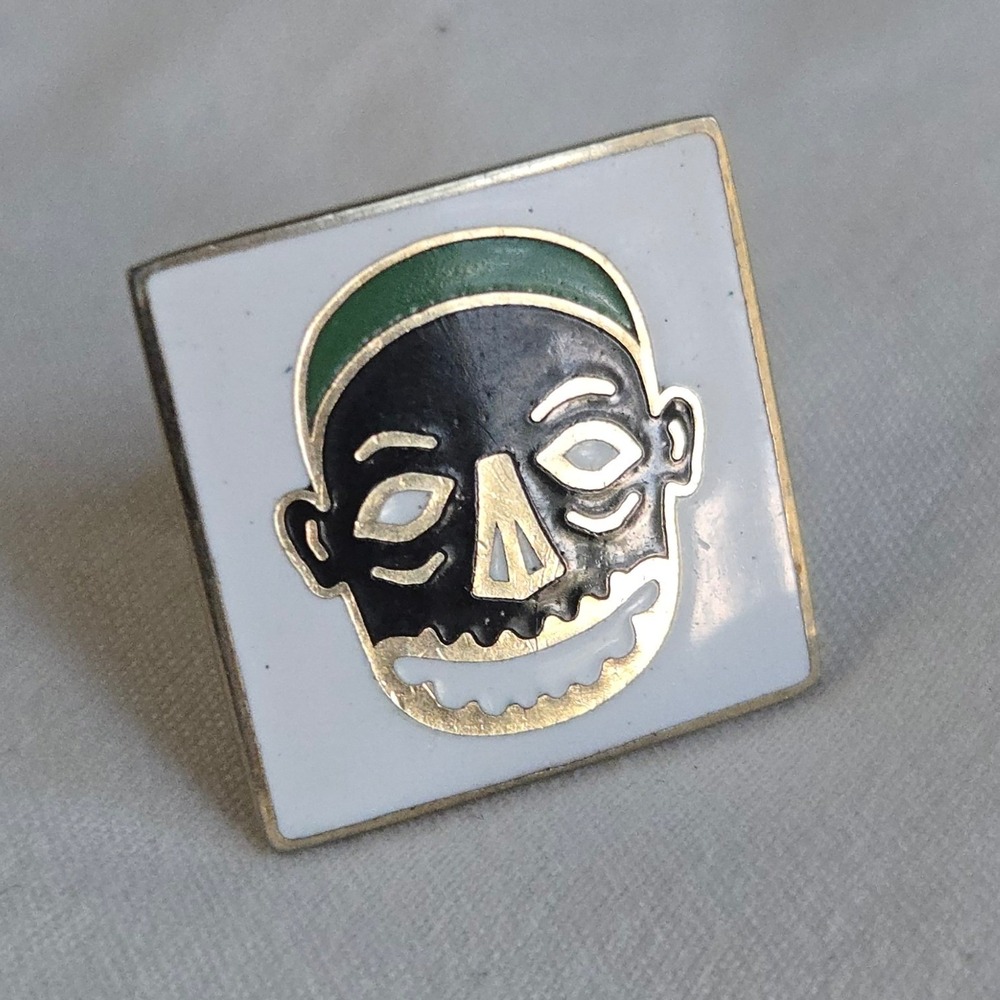 VTG Swank Tribal Face Cufflink Black Green Enamel Single Men Jewelry Gold Square
